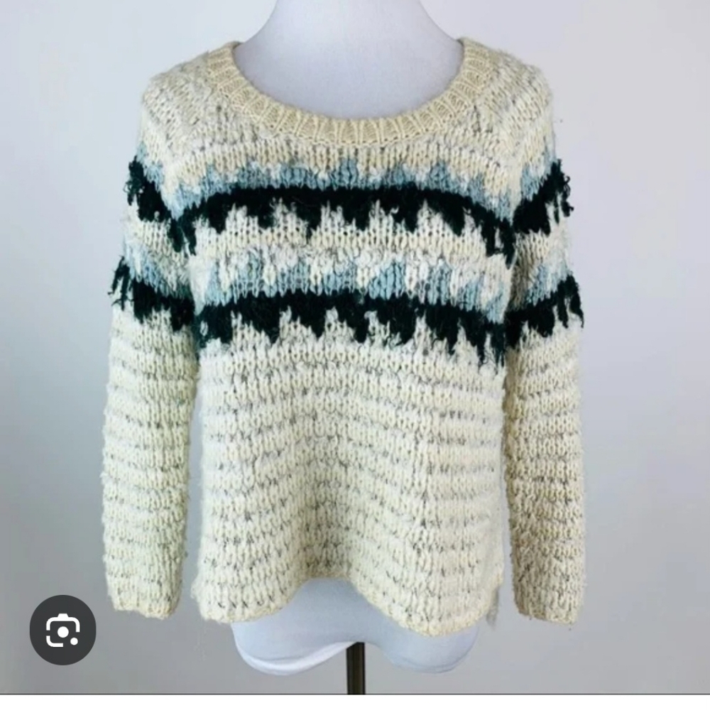 Free People Boxy Cozy Knit Sweater with Blue Accents Size: MD